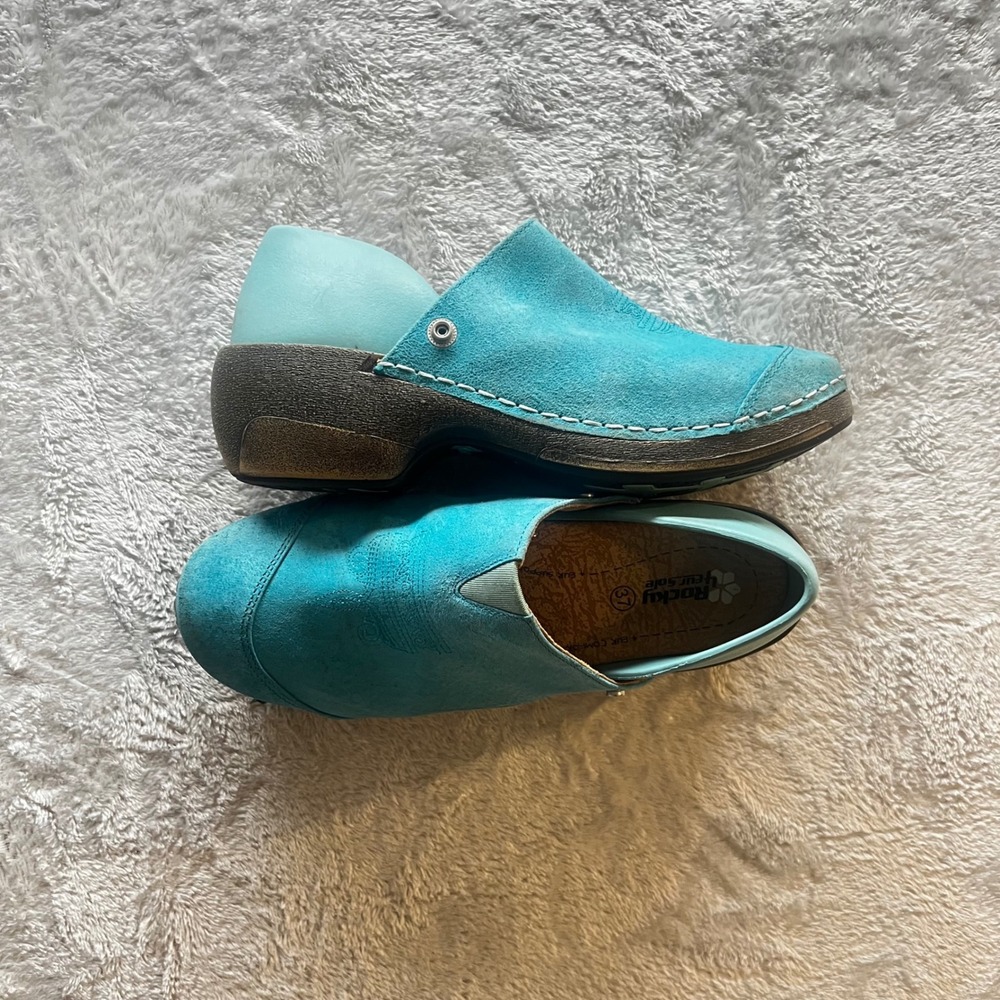 Rocky 4 Eur Sole Clogs Mules Turquoise‎ Blue Suede Leather Comfort Shoes